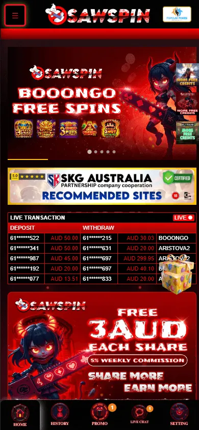 Sawspin Casino home view on a mobile device