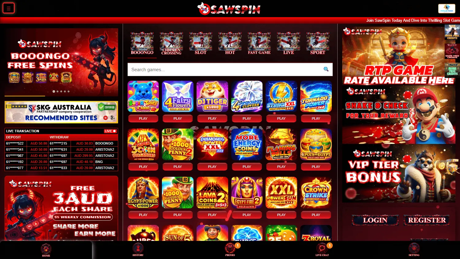 Sawspin Casino home view on desktop