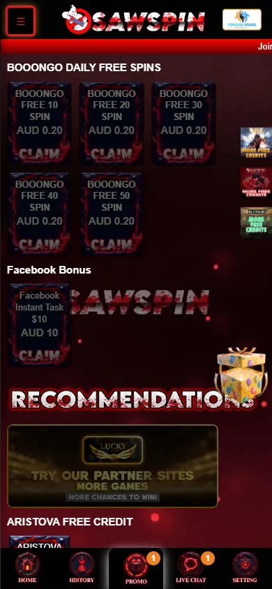 Sawspin Casino promotions view on a mobile device