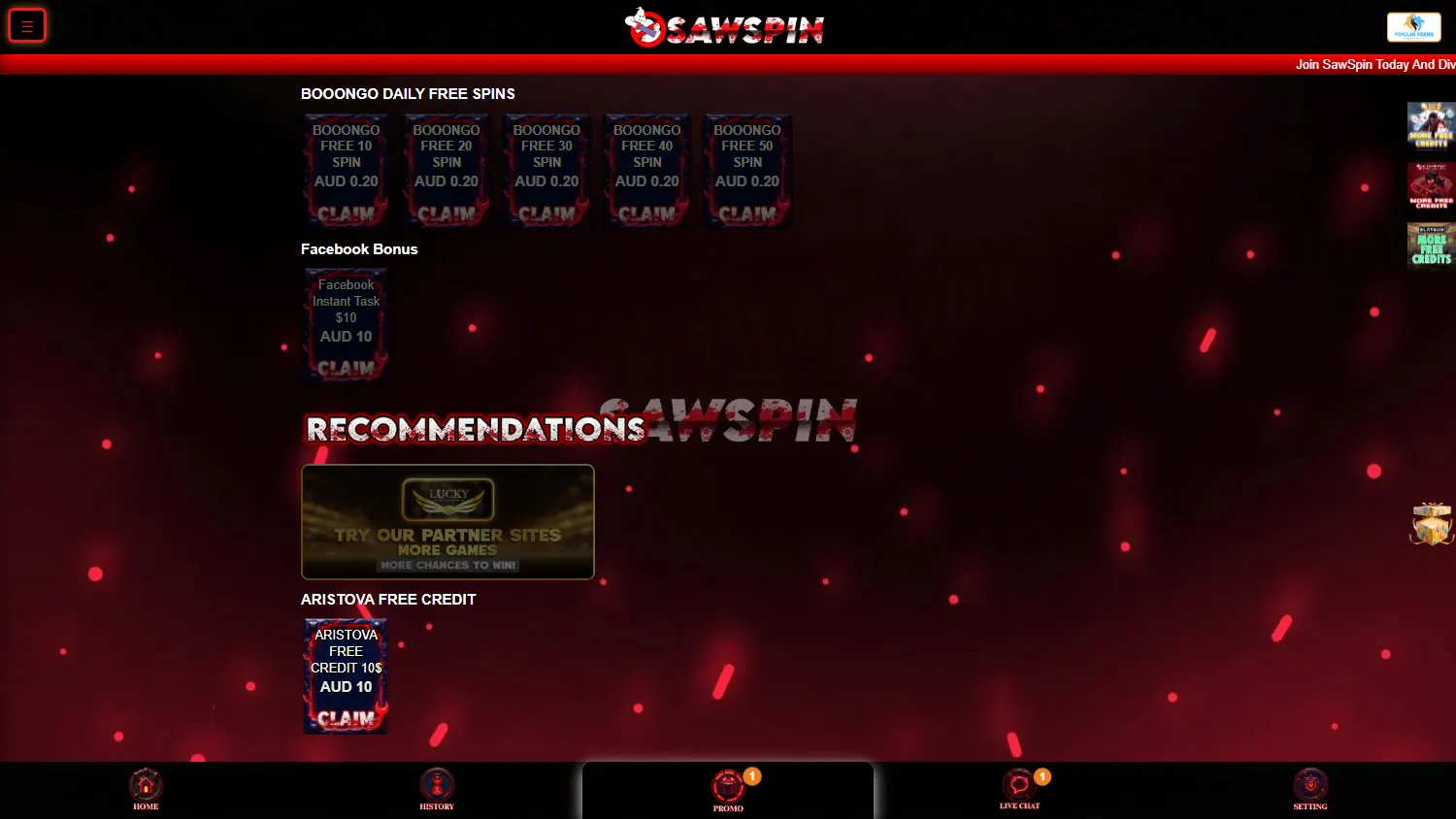 Sawspin Casino promotions view on desktop